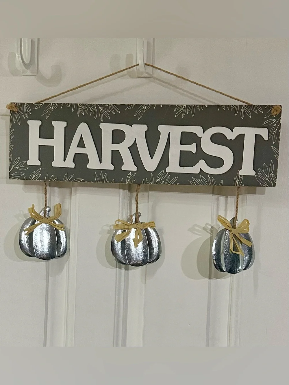 Harvest Hanging Wall Sign with Silver Metal Pumpkin Accents